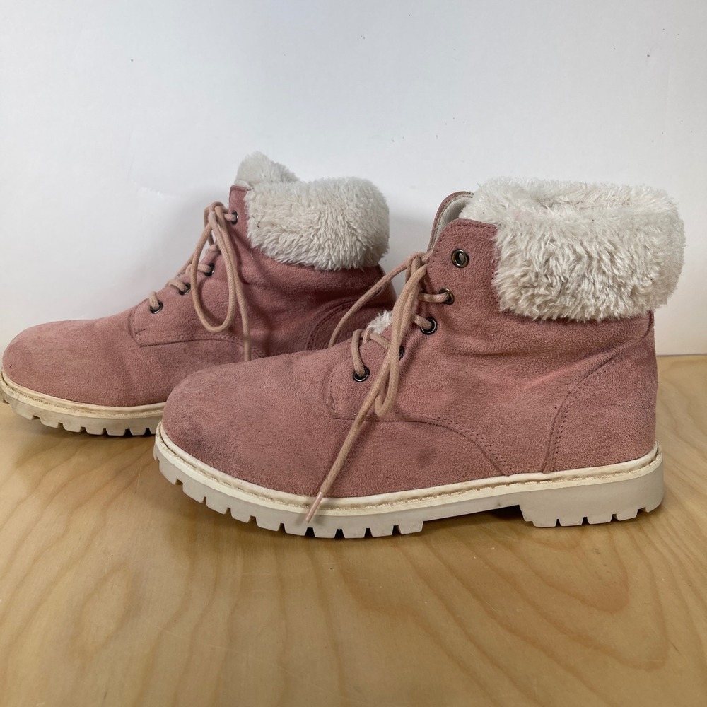 Pink Faux Suede Ankle Boots Faux‎ Fur Trim Lace Up Women's Size 5